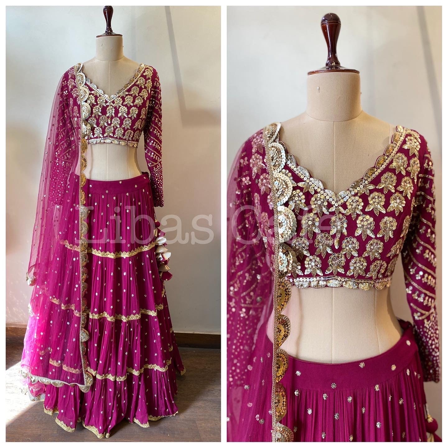 Wine Gathered And Layered Lehenga
